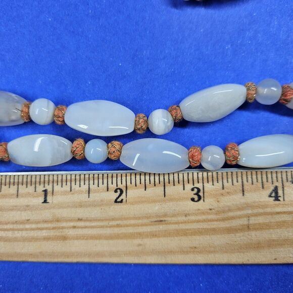 White Chalcedony Agate Necklace 47" Beaded Hand Knotted Semi Precious Stones Vtg - Picture 5 of 6
